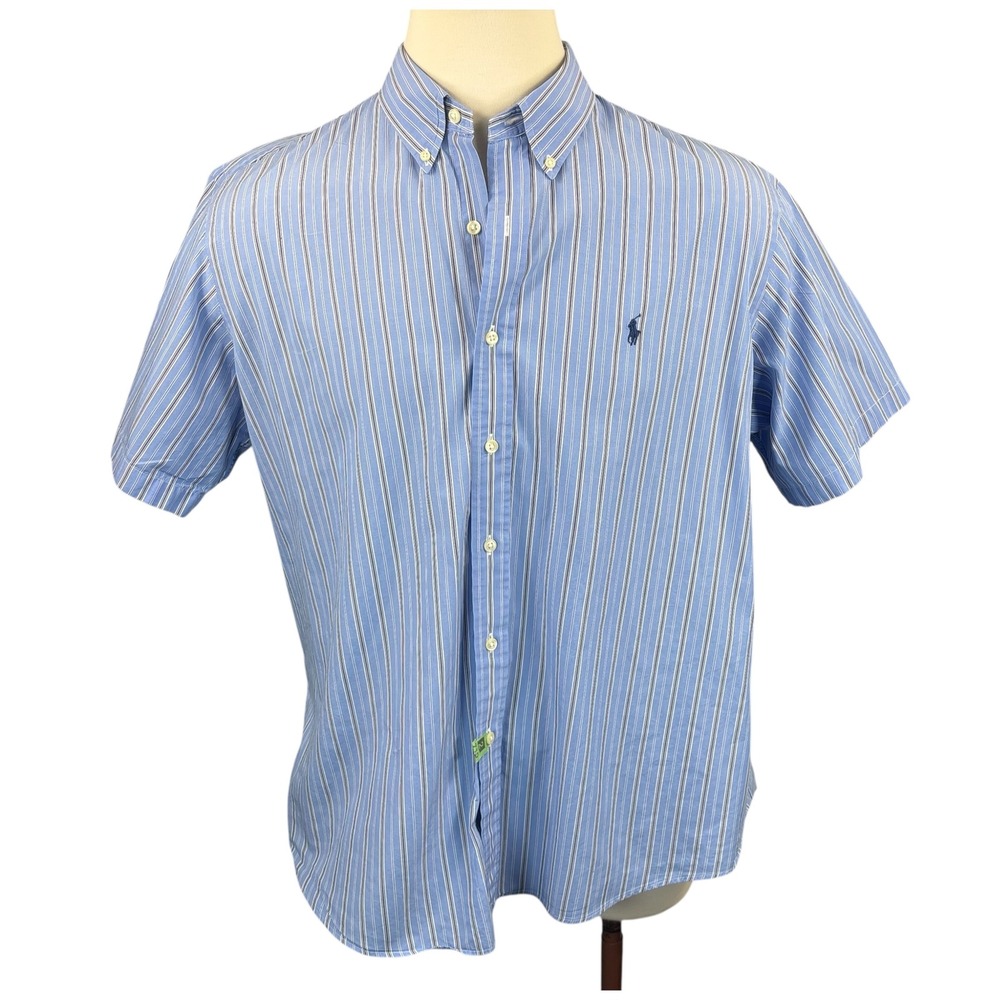 Ralph Lauren Custom Fit XXL Blue Striped Short‎ Sleeve Button Down Shirt Cotton